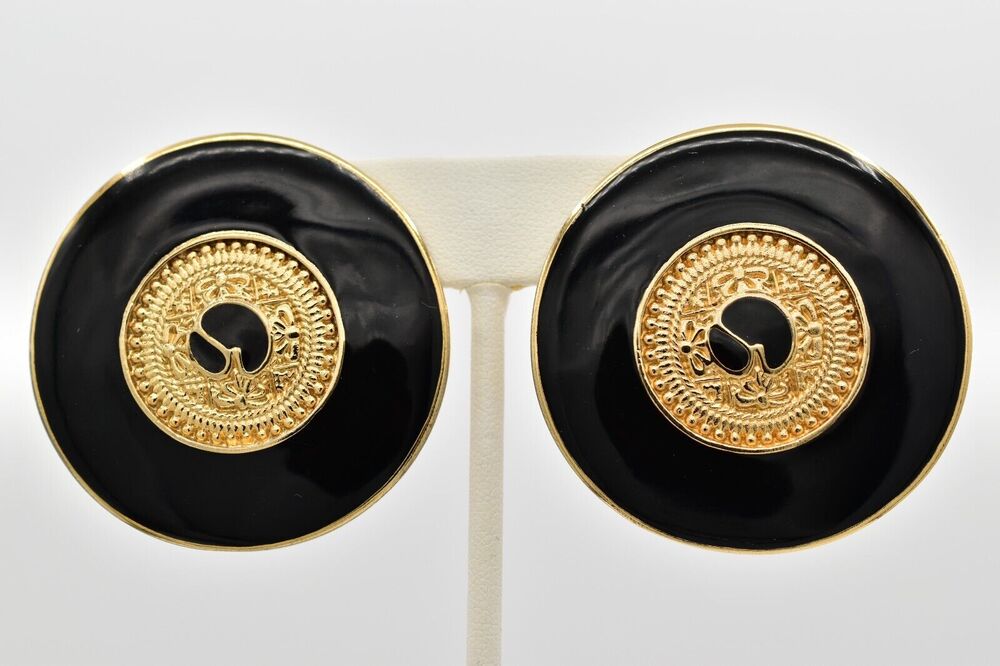 St. John Vintage Logo Clip On Earrings Black Bold Chunky Gold Heavy Signed BinBB